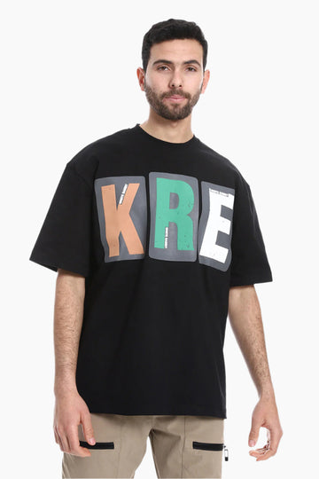 تي شيرت بياقة دائرية وطبعة "KRE" - أبيض