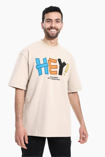 "Hey!" Printed Short Sleeves T-Shirt - Beige
