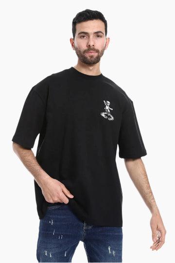 Back Printed Pattern Short Sleeves T-Shirt - Black