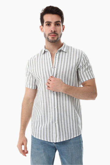 White & Green Awning Strip Pattern Shirt