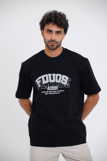 "FDUOS" Printed Short Sleeves Black T-Shirt