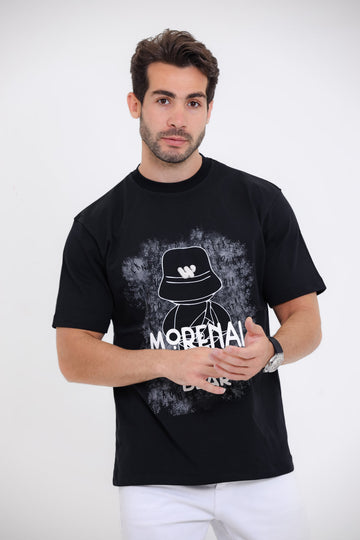 "Morenal Bear" Printed White T-Shirt - Black