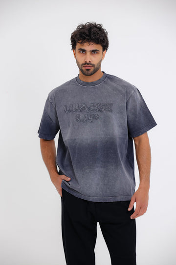 "WAKE UP" Comfy Round Neck T-shirt - Grey