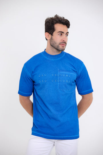Round Collar Pique T-shirt - Blue