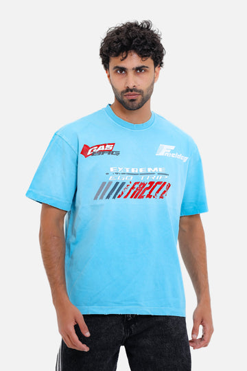 Printed Round Neck T-shirt - Blue