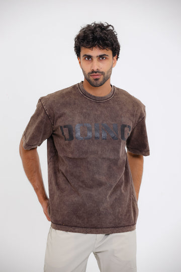 Chest Printed Cotton T-Shirt - Brown