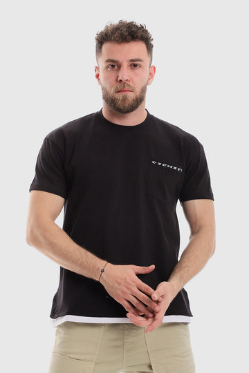 Stitched Chest Logo Pique Patterned Polo Shirt -Black