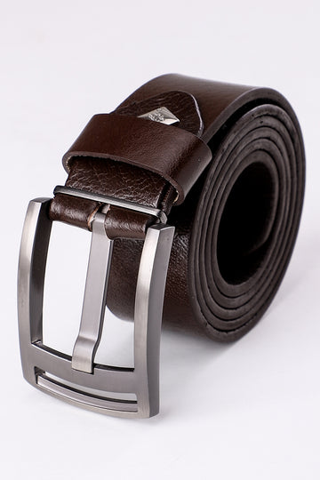 Simple Plain Buckled Leather Belt - Brown