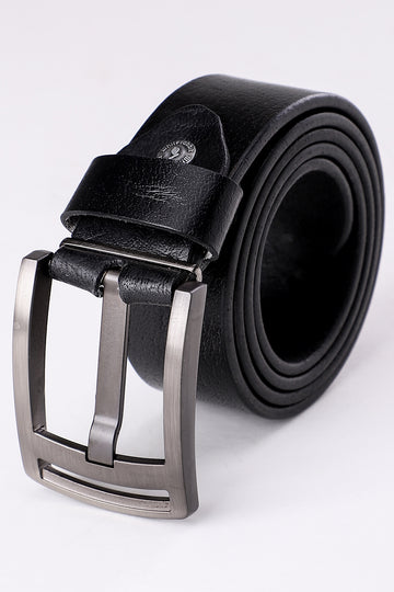 Simple Plain Buckled Leather Belt - Black