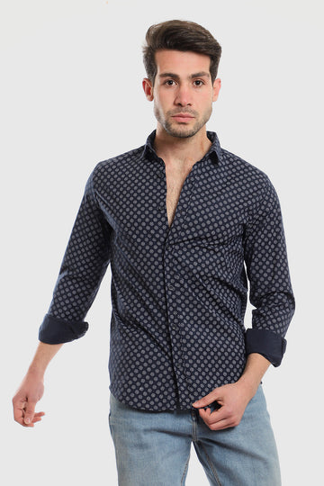 Buttons Down Pineapple Long Sleeves Shirt - Navy