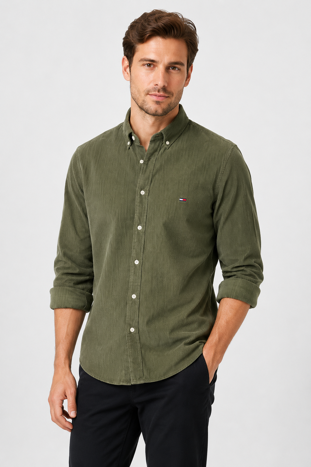 “Slim Fit Olive Cotton Shirt for Men”-Tommy