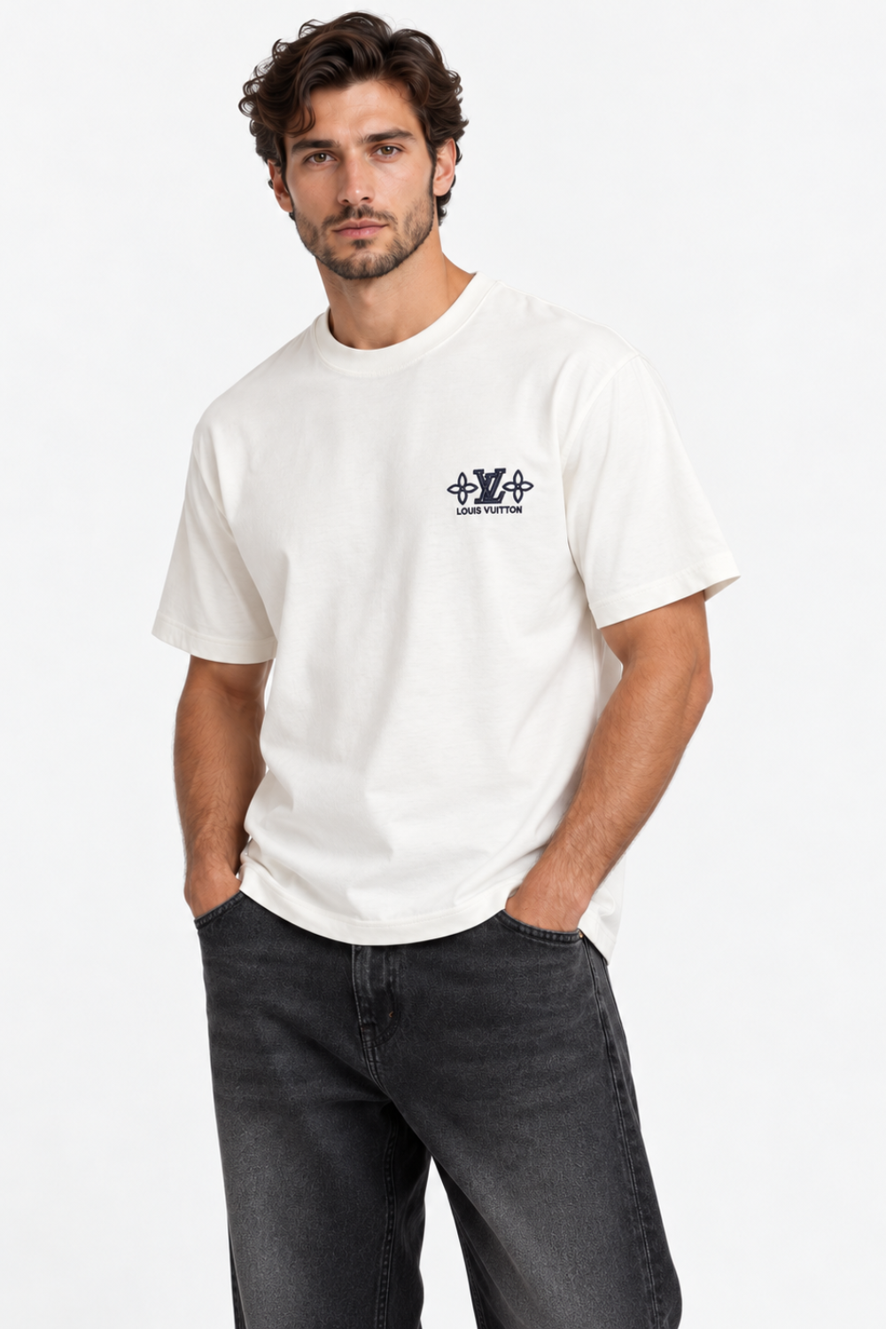 Men's Louis Vuitton LV Floral Embroidered Oversized White T-Shirt