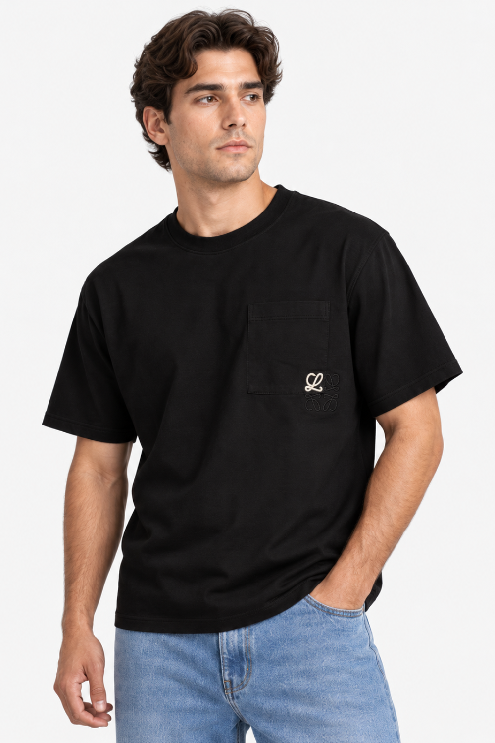 Men's Loewe Anagram Embroidered Pocket Oversized Black T-Shirt