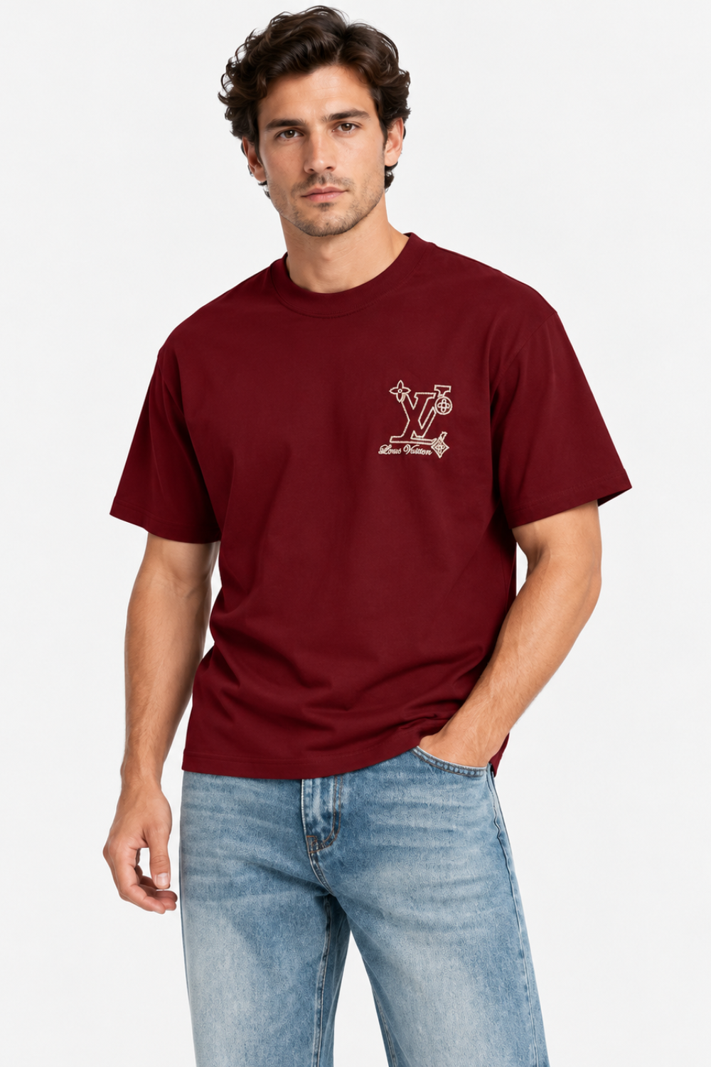 Men's Louis Vuitton LV Embroidered Logo Oversized Burgundy T-Shirt