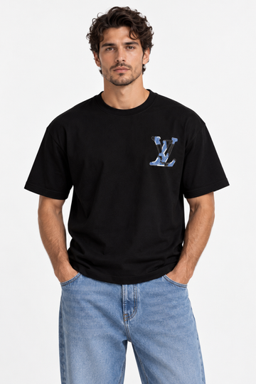 Men's Louis Vuitton LV Blue Logo Oversized Black T-Shirt