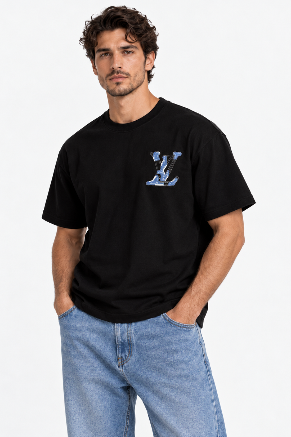 Men's Louis Vuitton LV Blue Logo Oversized Black T-Shirt