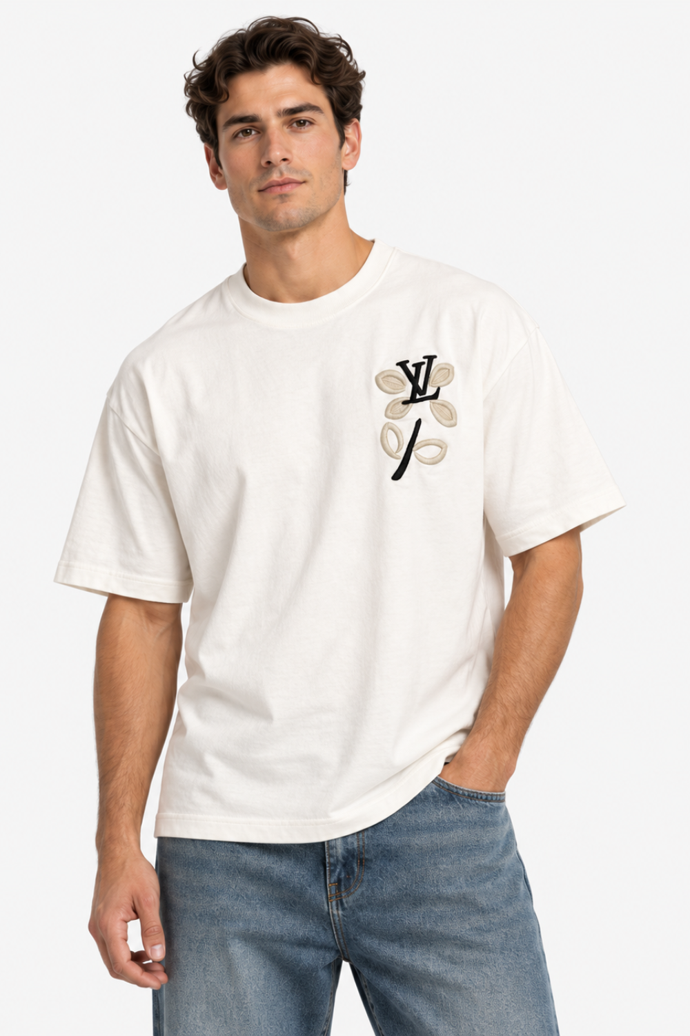 Men's Louis Vuitton LV Floral Embroidered Oversized White T-Shirt
