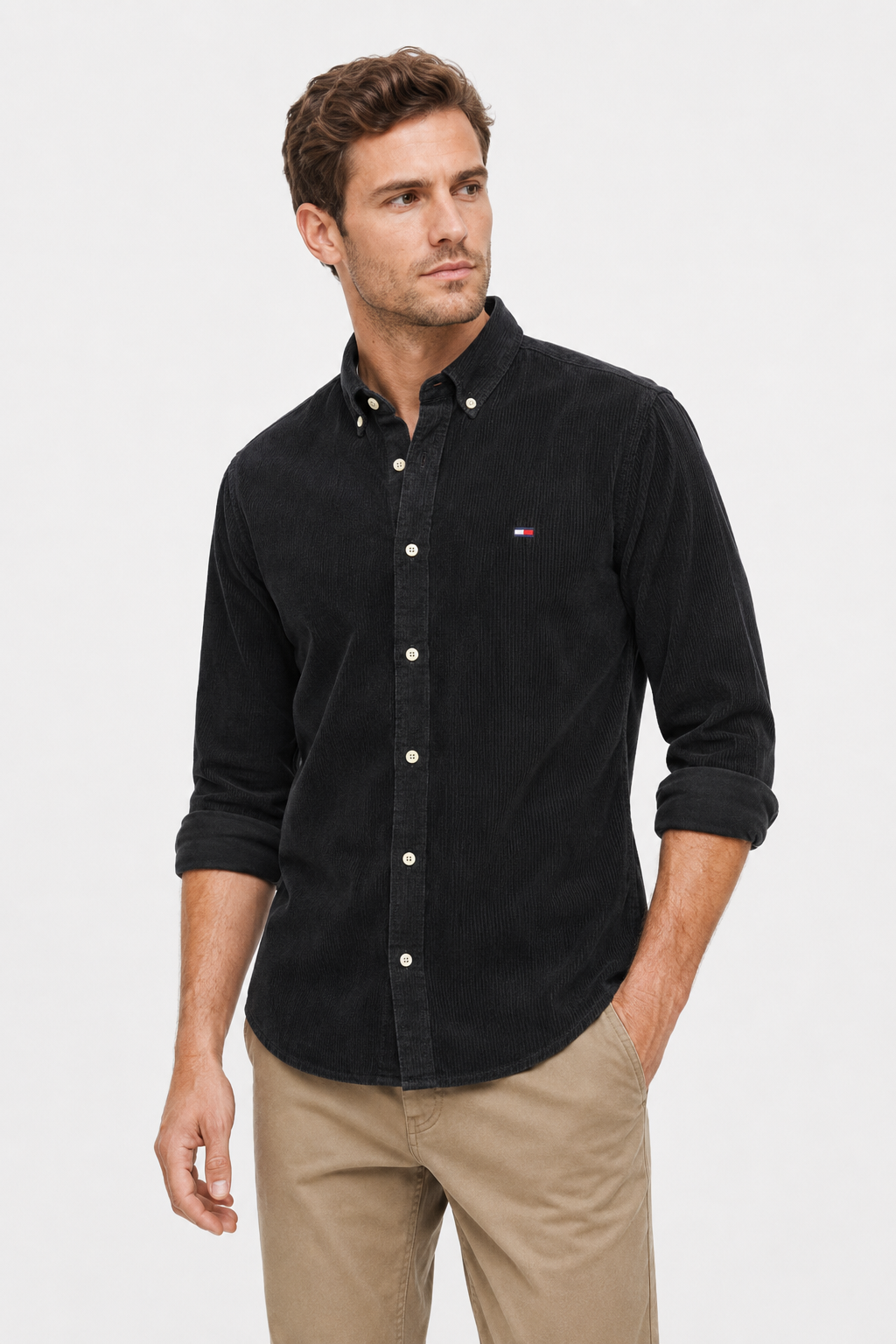 “Slim Fit Black Cotton Shirt for Men”-Tommy