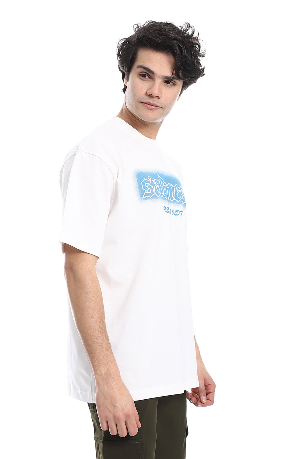 White And Blue Short Sleeves Printed T-Shirt