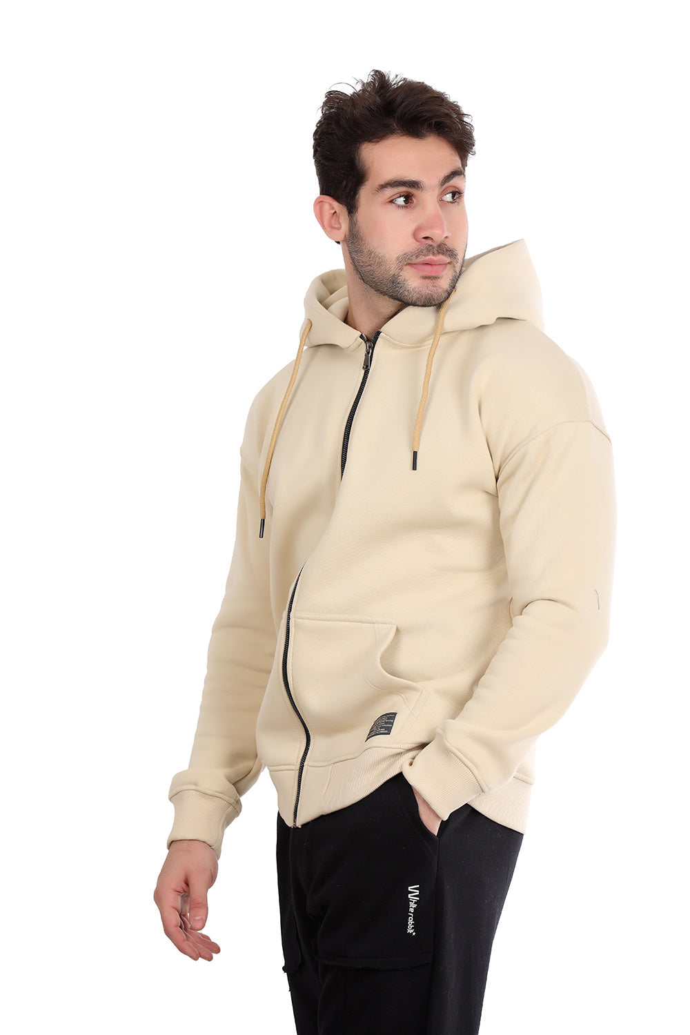 Basic Inner Fleece Zip Through Hoodie-Beige