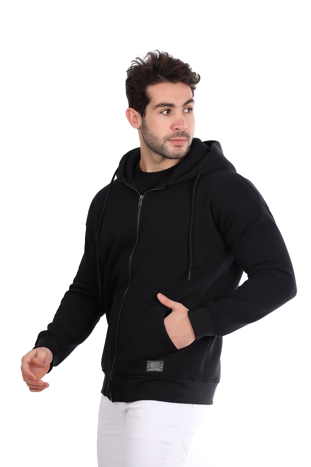 Basic Inner Fleece Zip Through Hoodie-Black