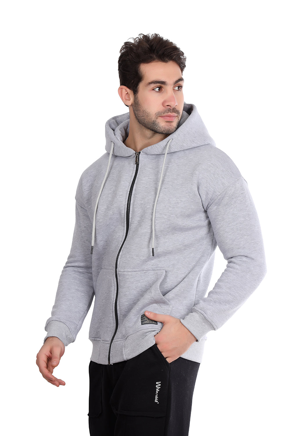 Basic Inner Fleece Zip Through Hoodie-Grey