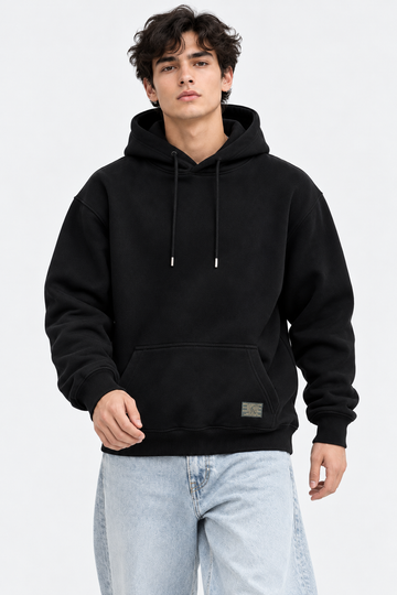 Men's Black Oversized Hoodie with Drawstring Hood and Kangaroo Pocket – Casual Winter Sweatshirt