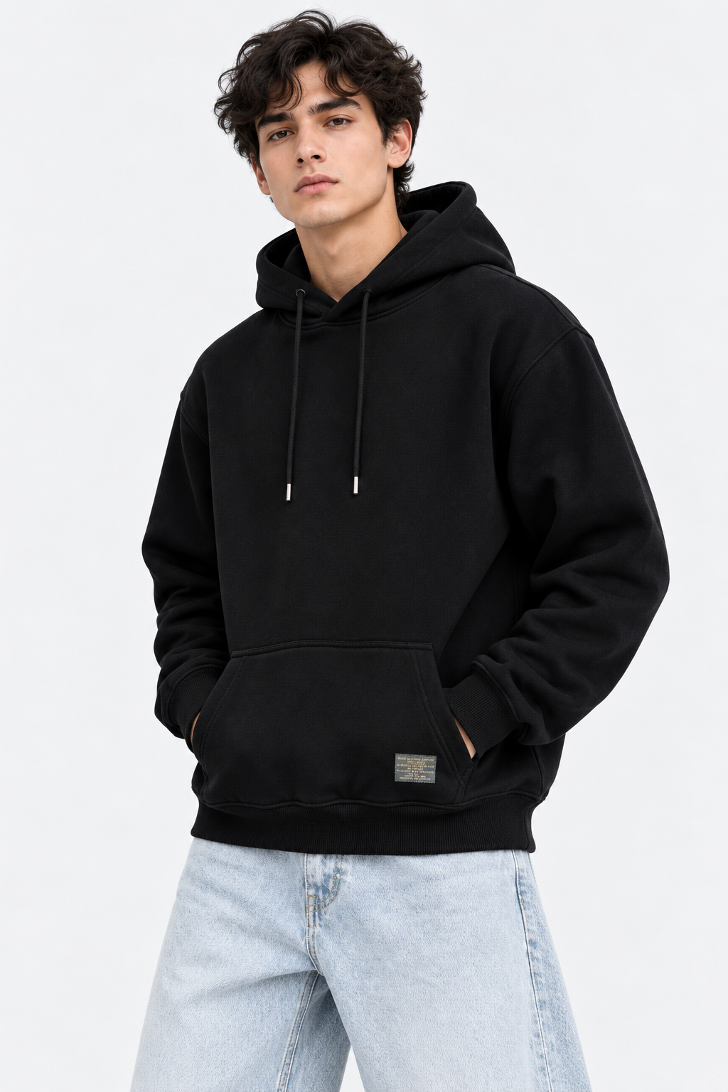 Men's Black Oversized Hoodie with Drawstring Hood and Kangaroo Pocket – Casual Winter Sweatshirt
