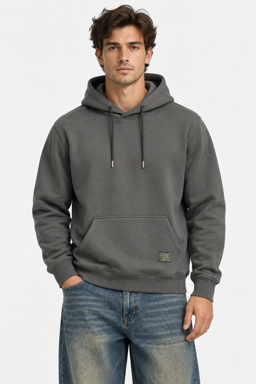 Men's Dark Grey Pullover Hoodie with Drawstring Hood and Kangaroo Pocket – Casual Winter Sweatshirt