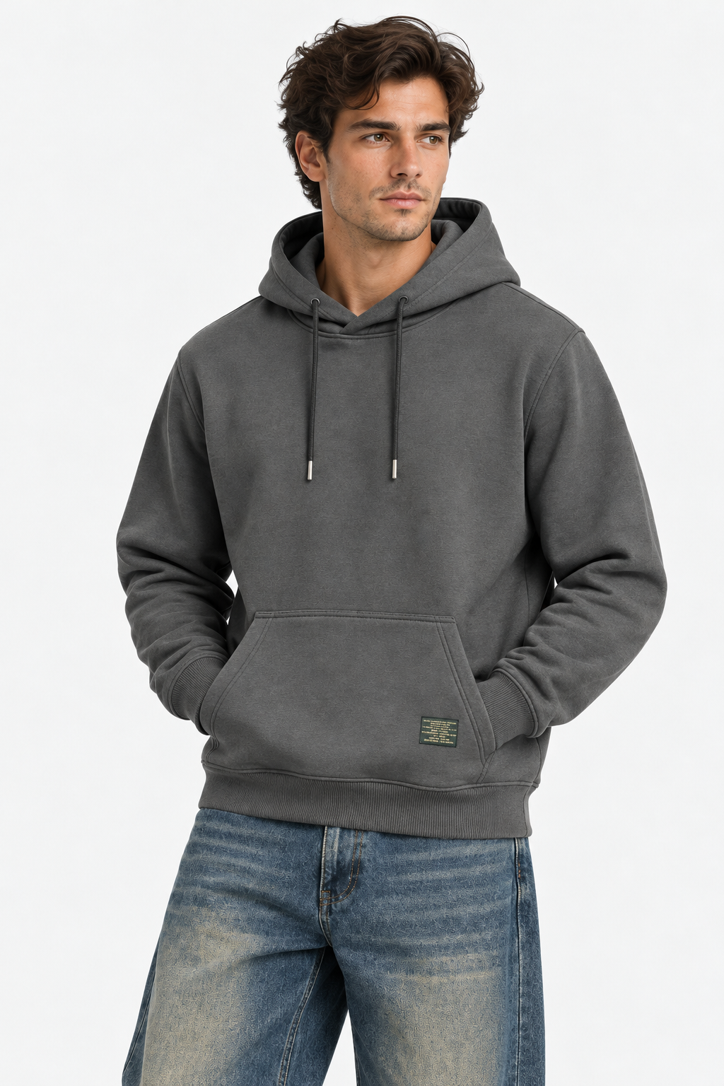 Men's Dark Grey Pullover Hoodie with Drawstring Hood and Kangaroo Pocket – Casual Winter Sweatshirt