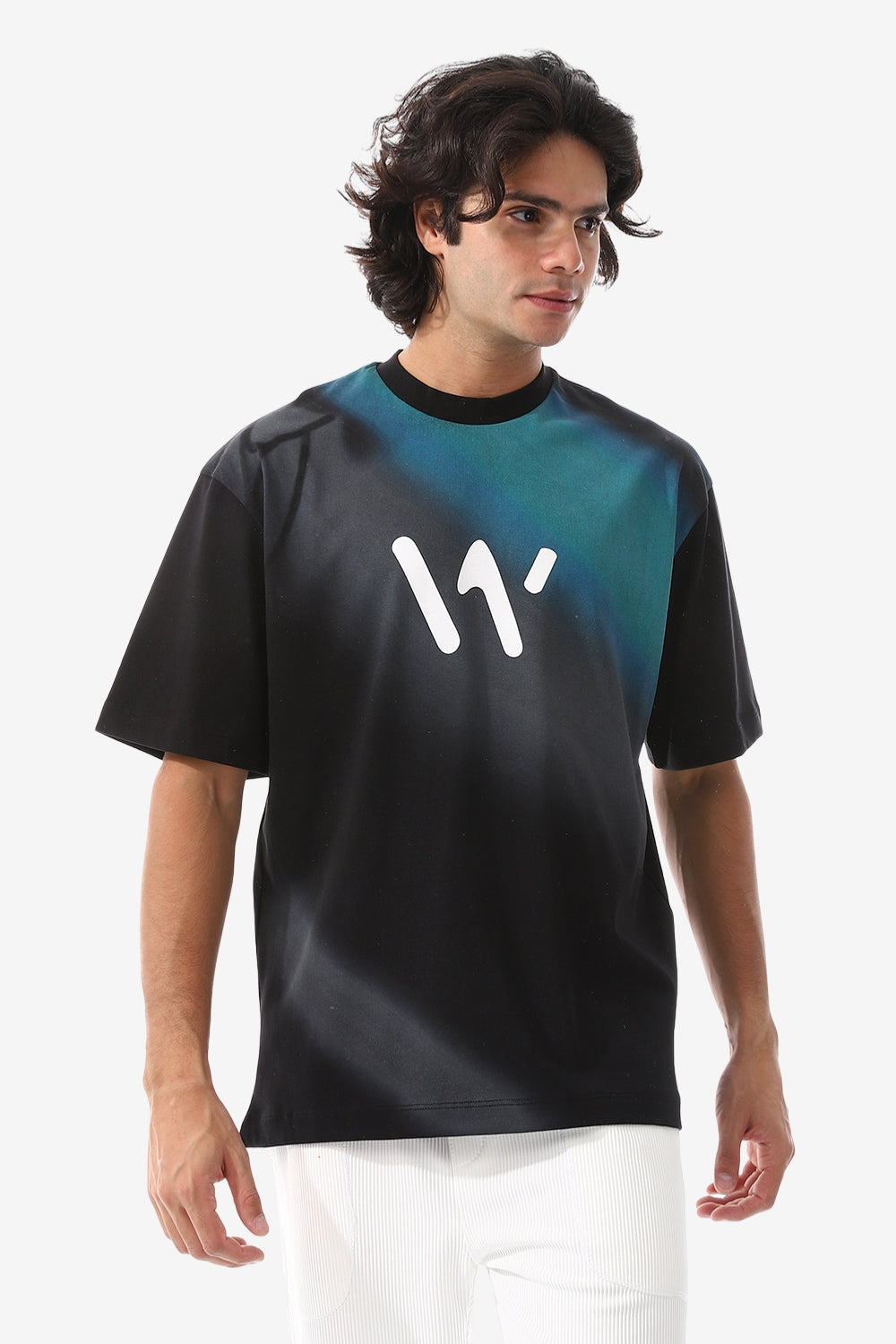 Gradient Black & Green Self Patterened T-Shirt