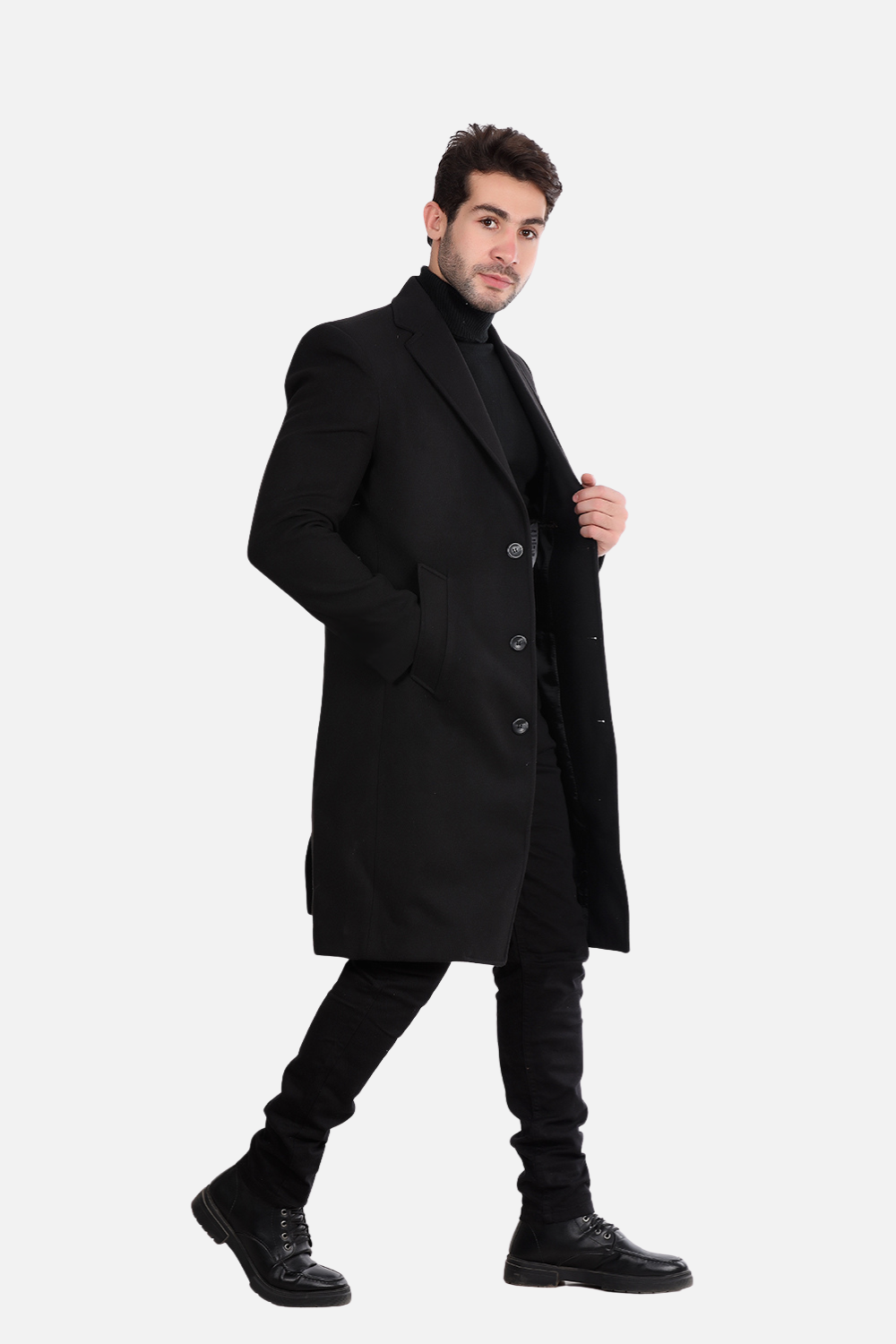 Classic Coat With Slanted Pockets Wool Coat-Black