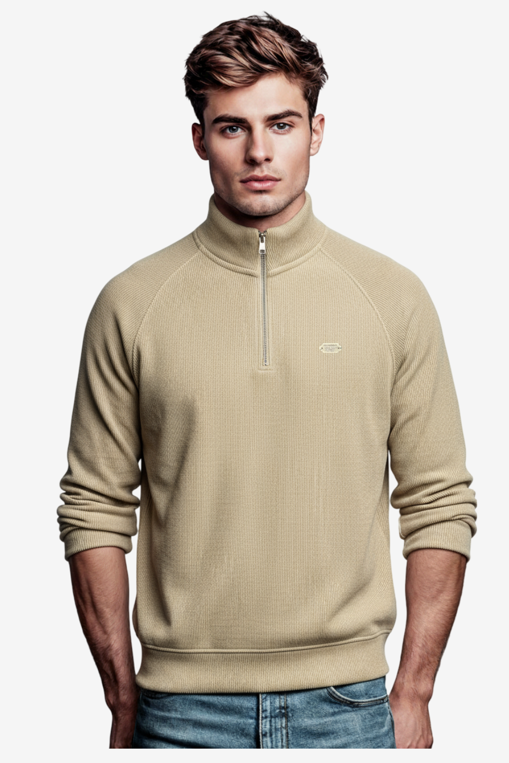 Men’s Half-Zip Ribbed Sweater – Beige