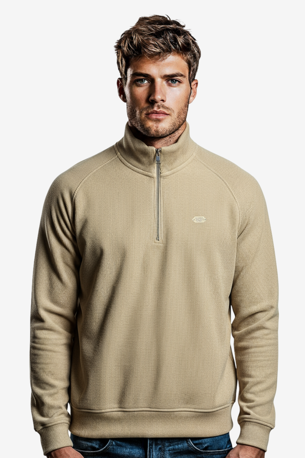 Men’s Half-Zip Ribbed Sweater – Beige
