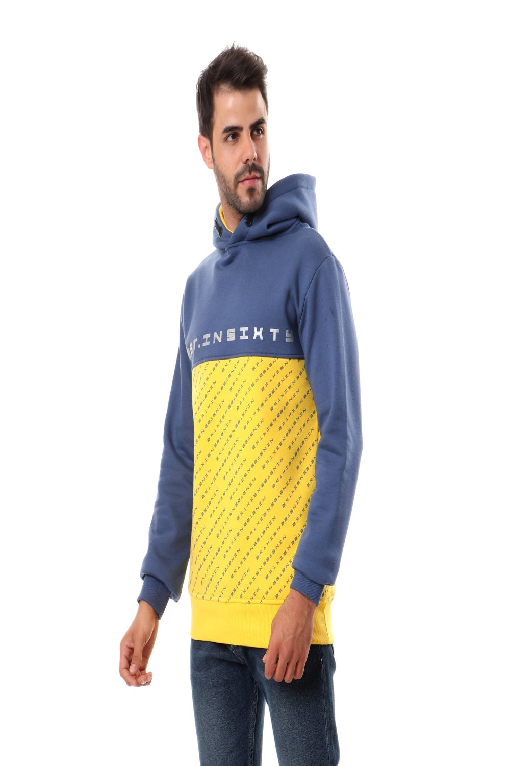 Bi-tone Printed Letters Hoodie - Steel Blue & Yellow