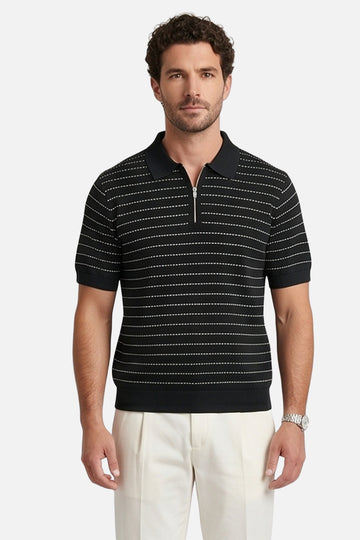 The Midnight Textured Polo – Black & Pearl Micro-Stripe