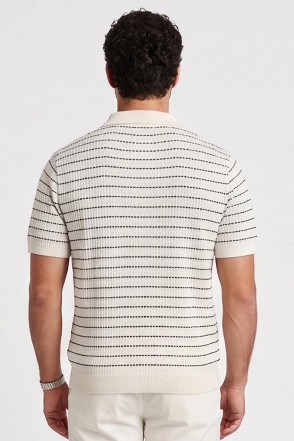 The Linear Textured Polo – Off-White & Charcoal Micro-Stripe