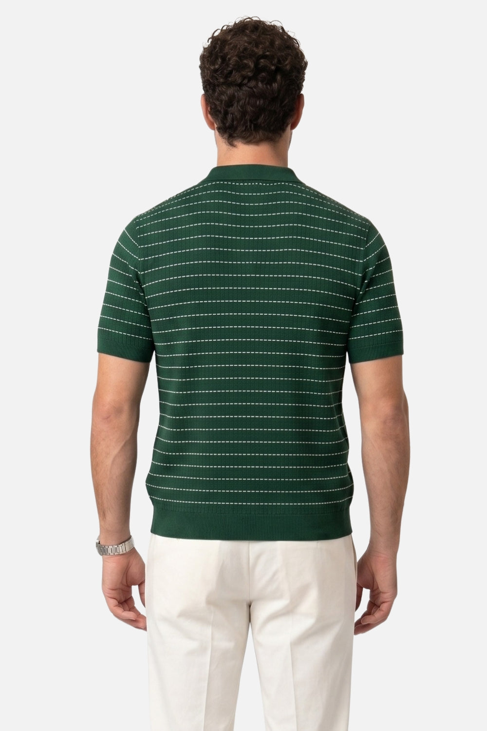 The Olive Grove Textured Polo – Olive & Pearl Micro-Stripe