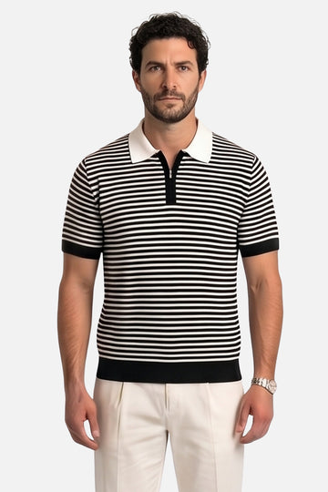 The Knit Resort Polo – Black & Cream Stripe