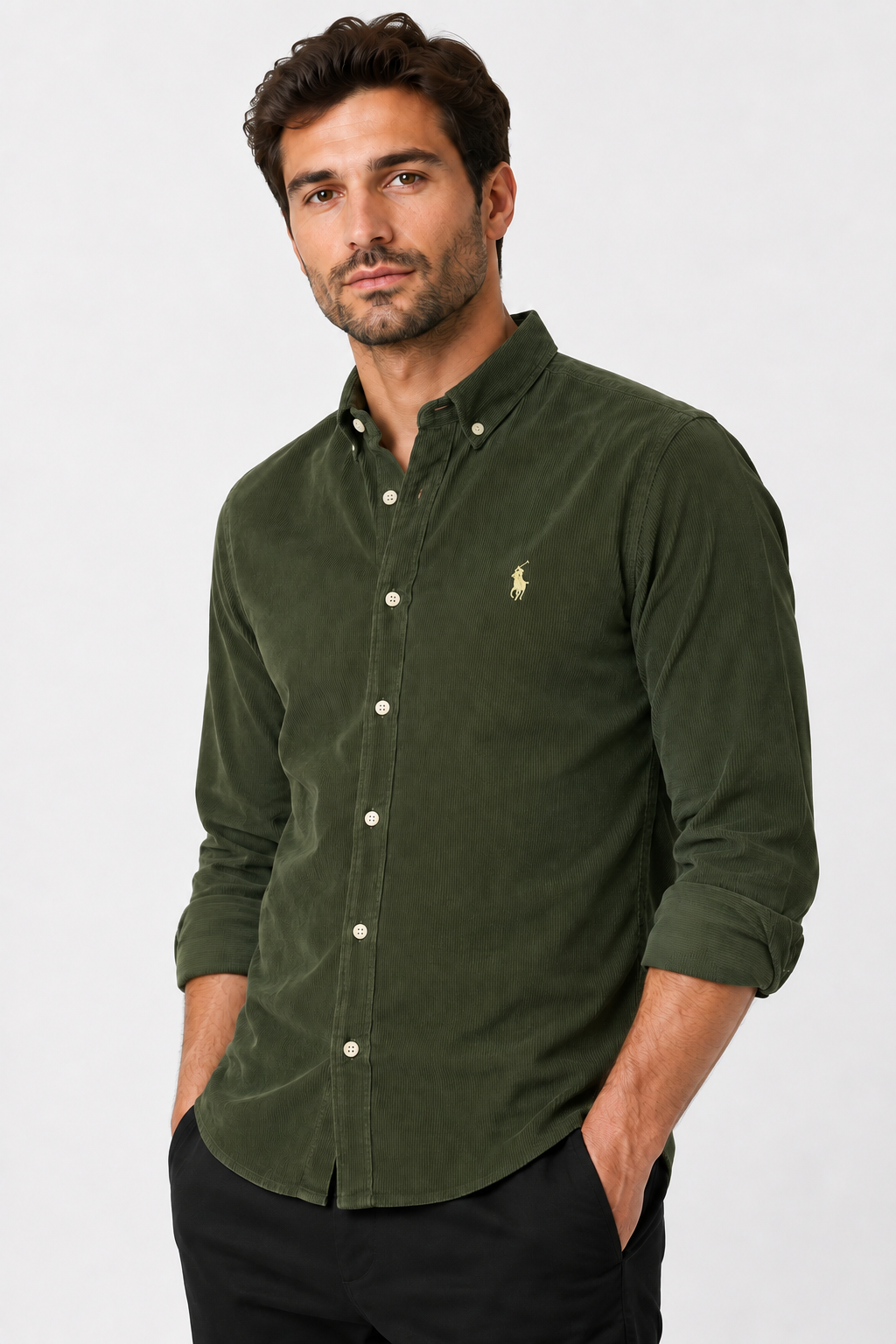“Slim Fit Olive Cotton Shirt for Men”-Polo