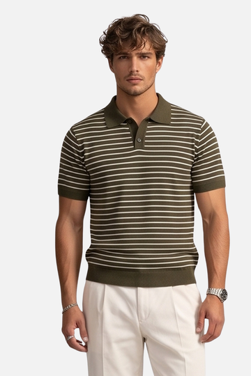The Riviera Stripe Johnny Collar Polo