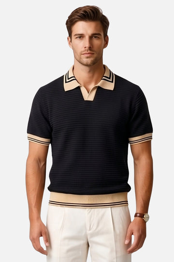 The Riviera Striped Johnny Collar Polo