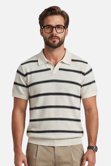 The Riviera Retro Striped Johnny Collar Polo