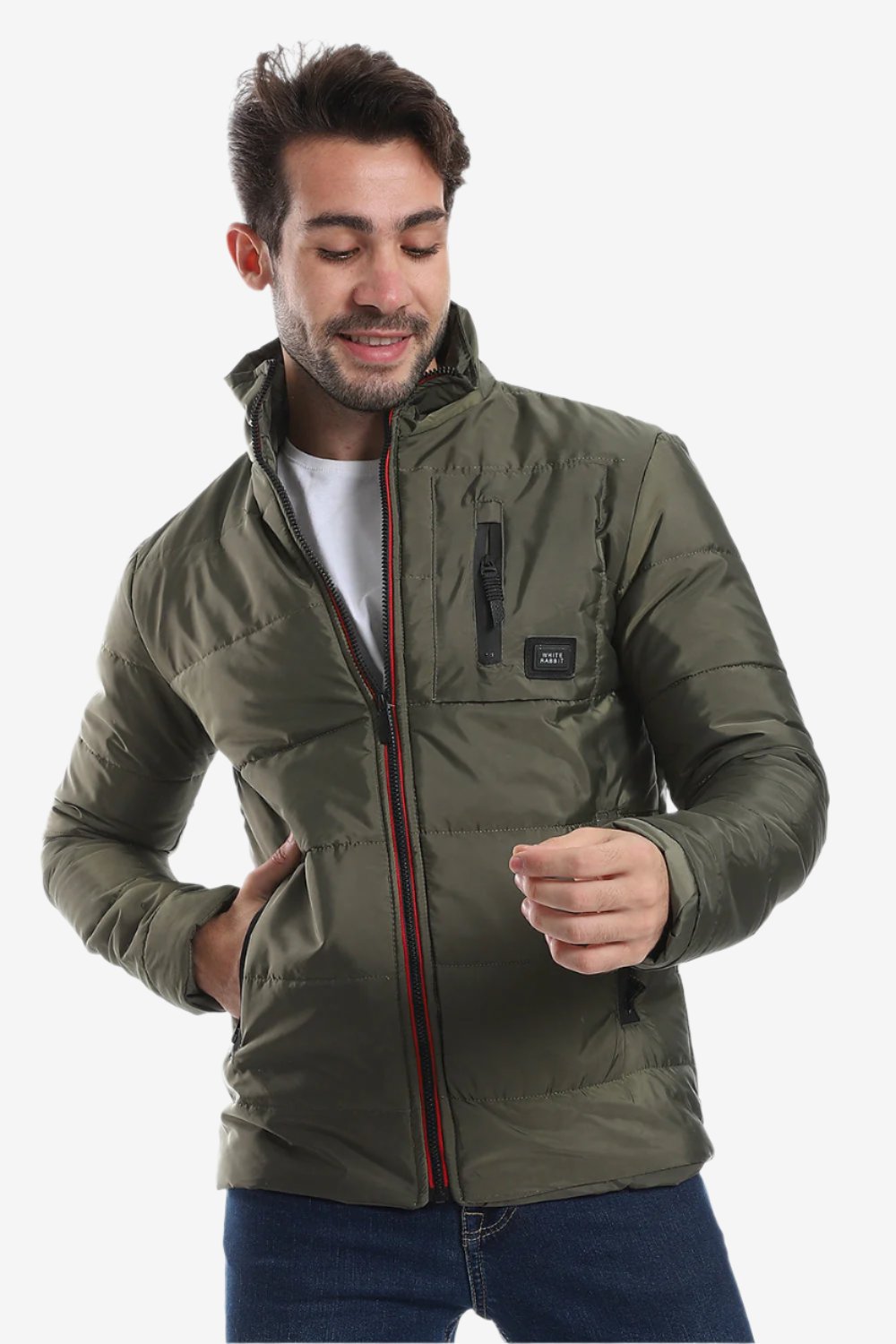 جاكيت مقاوم للماء بجيوب جانبية وسحاب على الرقبة - أسود