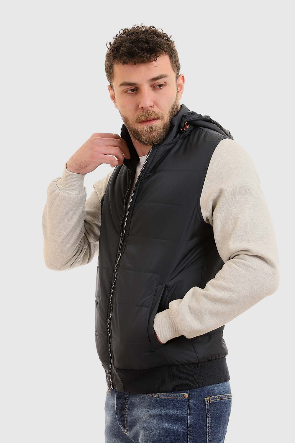 Front Zipper Hooded Neck Navy Blue Puffer Jacket