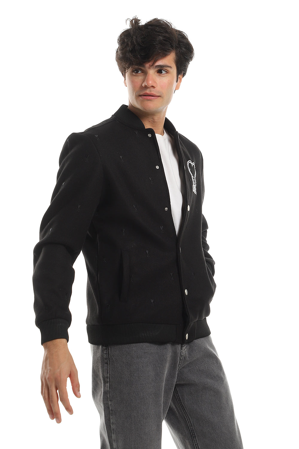 Love "R" Stitching Allover Heather Grey Baseball Jacket With Side Pockets