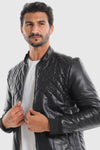 Diamond Patterned Elastic Cuffs Leather Jacket