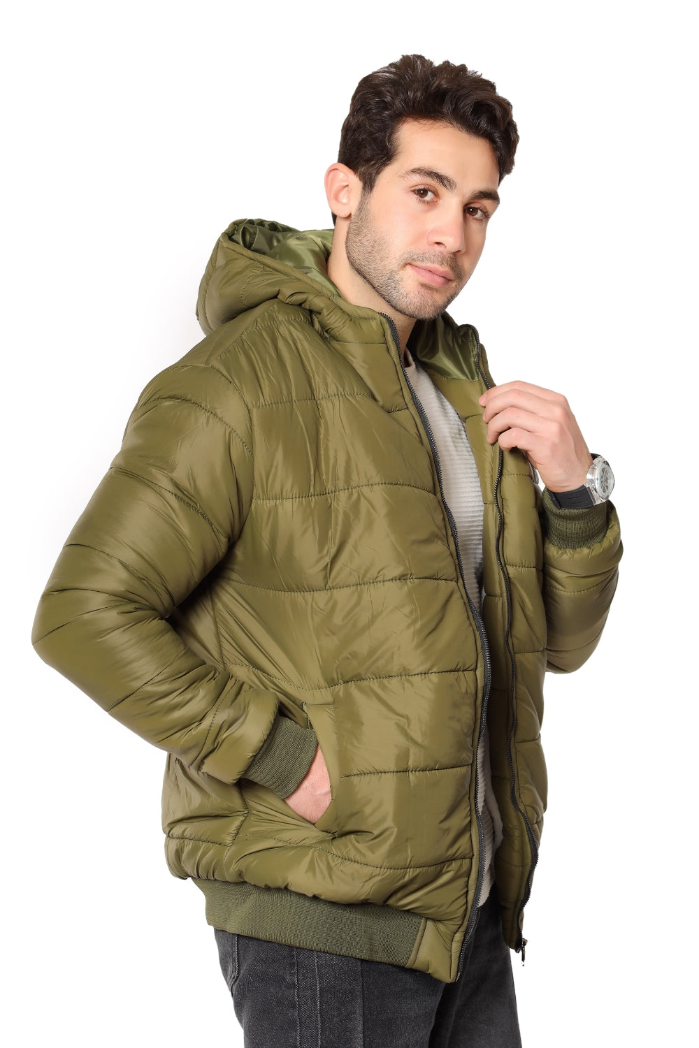 Ribbed Cuffs & Hem Quilted Hooded Bomber Jacket-Olive