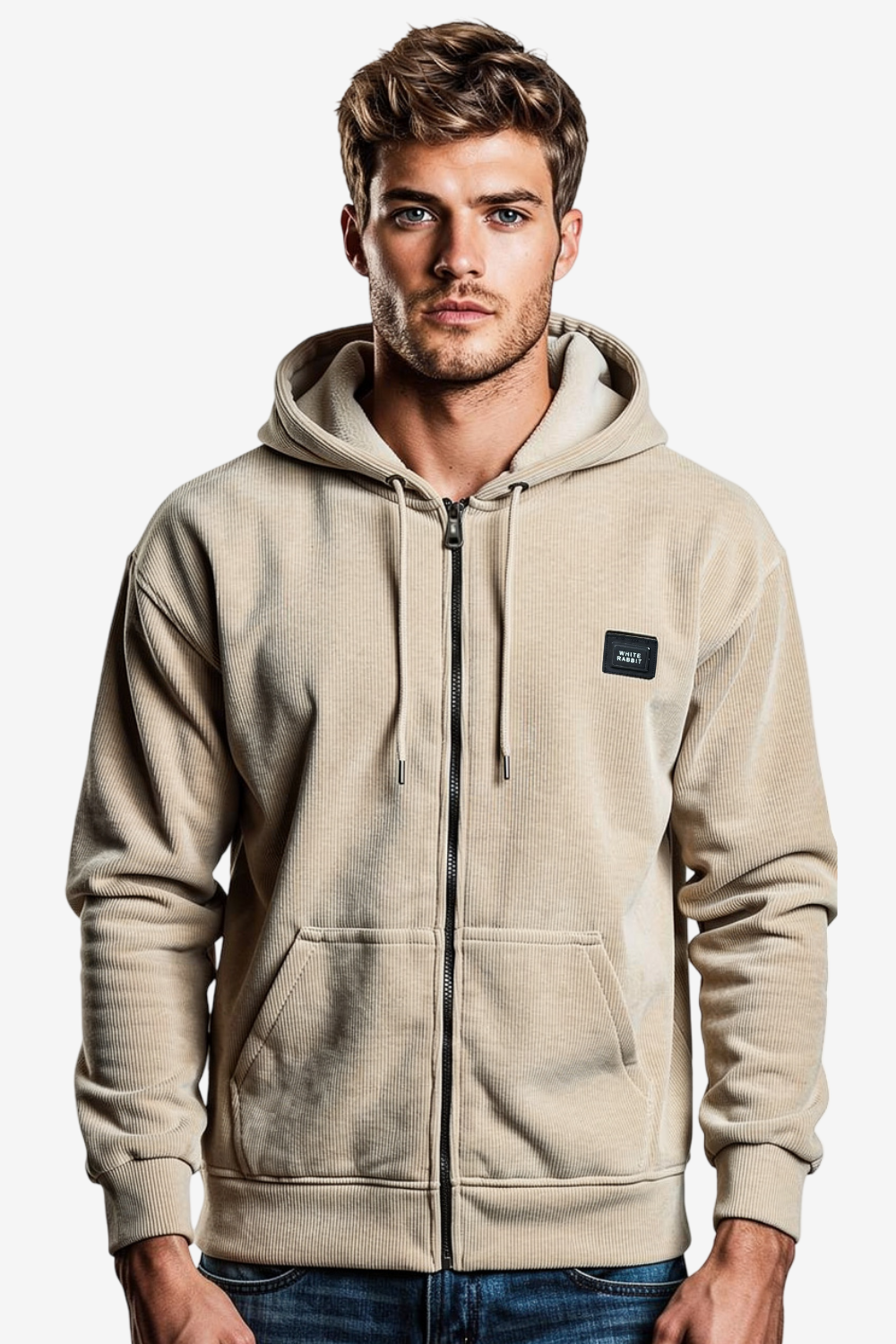 Basic Inner Fleece Zip Through Hoodie-Beige