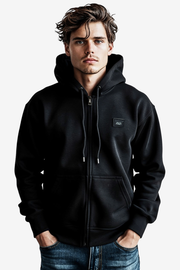 Basic Inner Fleece Zip Through Hoodie-Black